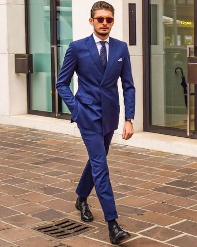 Blue Double-Breasted Suit with Sunglasses